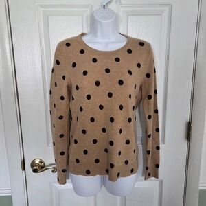 Lord & Taylor 100% Cashmere Sweater Womens Sm Tan Black Polka Dot Crew Neck Knit